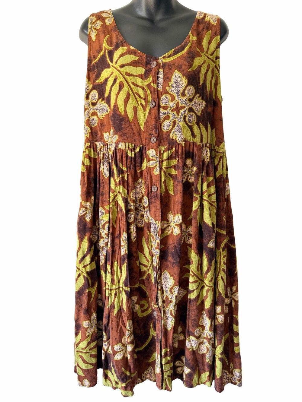 Isla Girl Brown Hawaiian Quilt Babydoll Dress Womens Large Button Front Tropical